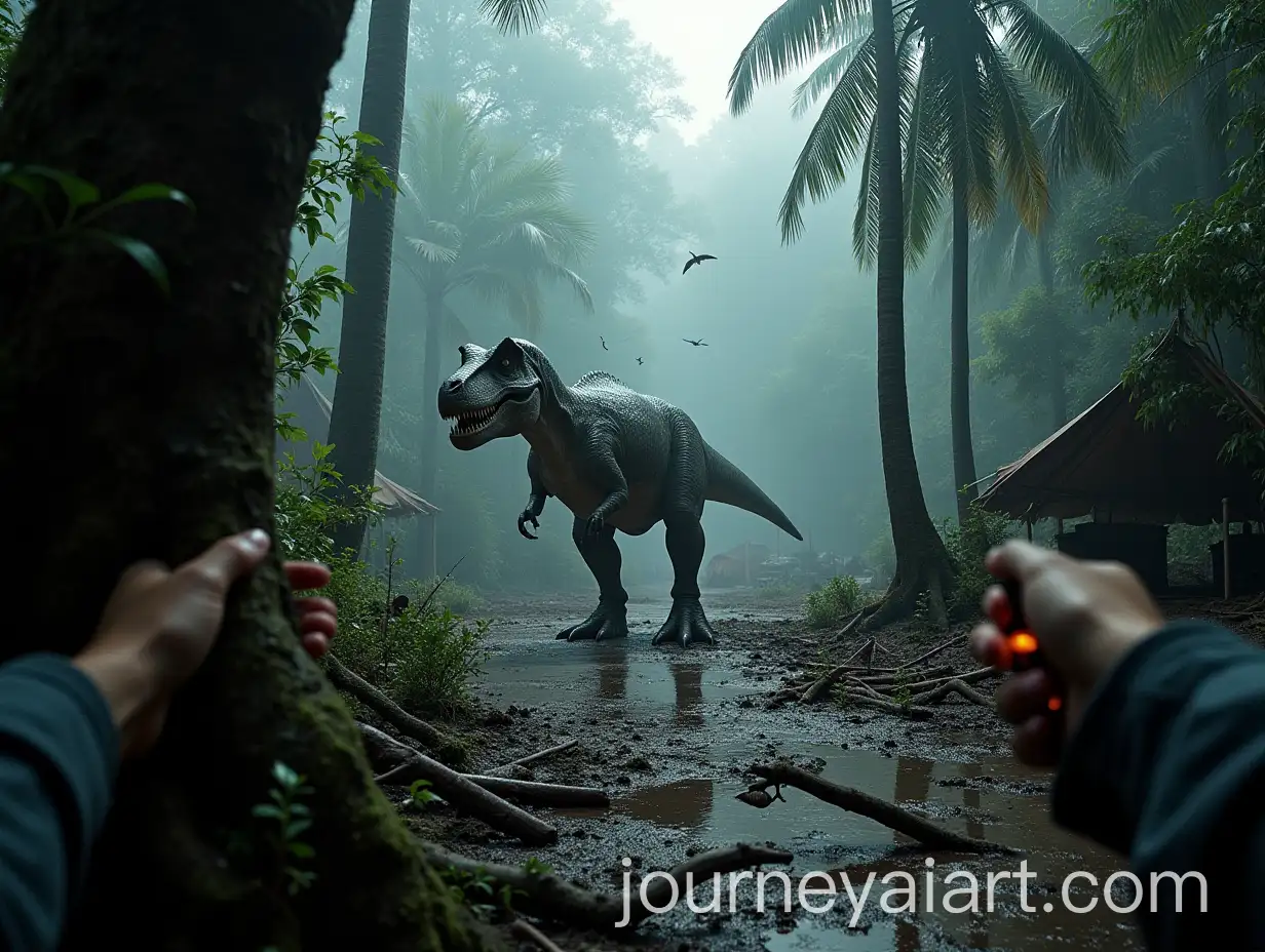 TRex-Jungle-AI-PromptTRex-POV-in-Misty-Jungle-with-Broken-Expedition-Camp