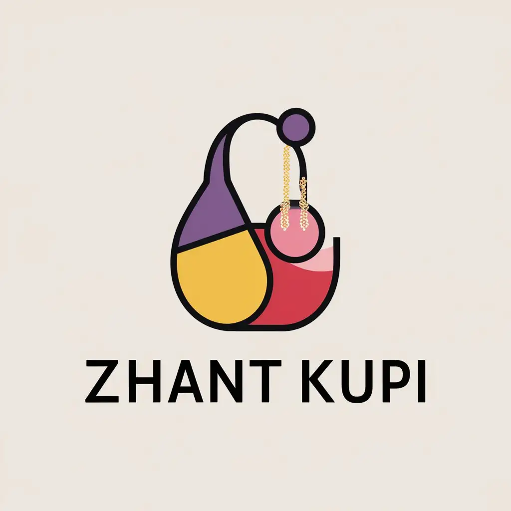 logo for online shop with bags and jewellery’s that called zhant kupi , colours purple and yellow and  red and pink, in minimalism