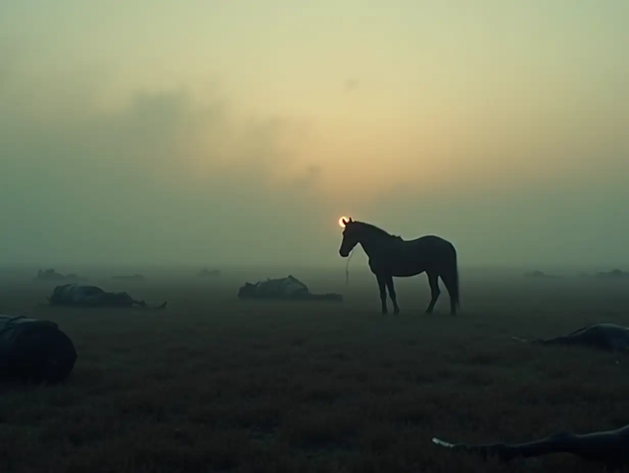 A deserted open medieval summer battlefield after a battle. The dead are lying on the field, a lonely, drooping warhorse is wandering. Evening twilight. Dense fog. Cinematic.