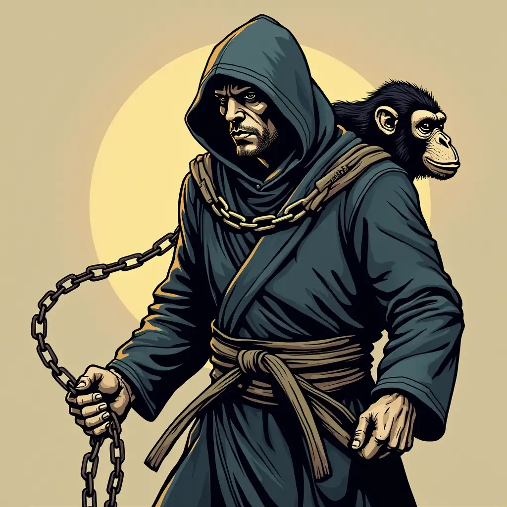 Mystical-Monk-with-Hood-Carrying-Chain-and-Monkey-Head-in-Vector-Comic-Style