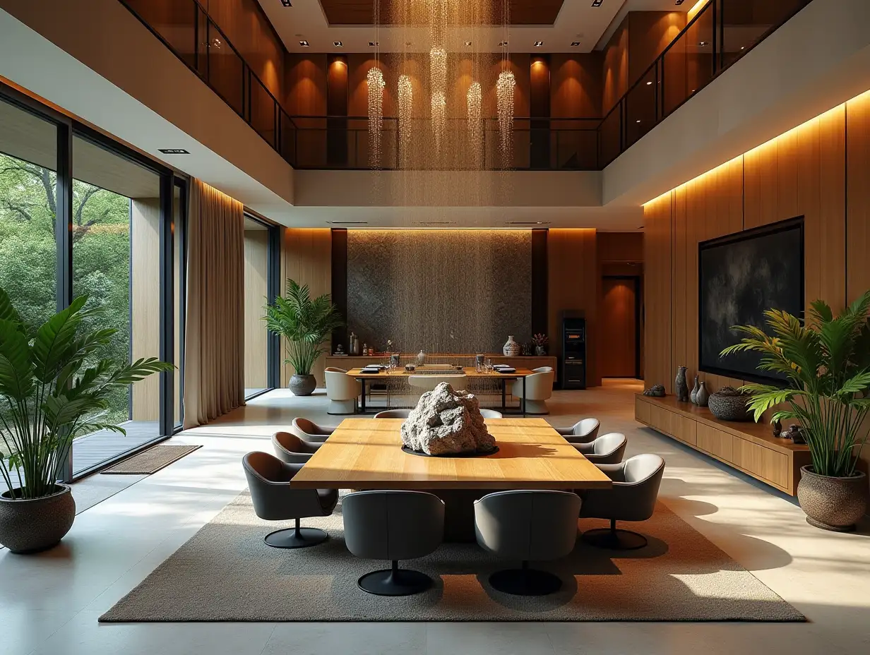 Large modern living room dining room with fountain, Attack on Titan Statue, lighting with furnishings, plants with Zen garden with carefully tended rocks, a meditative 180 degree capture 8K resolution Vibrant