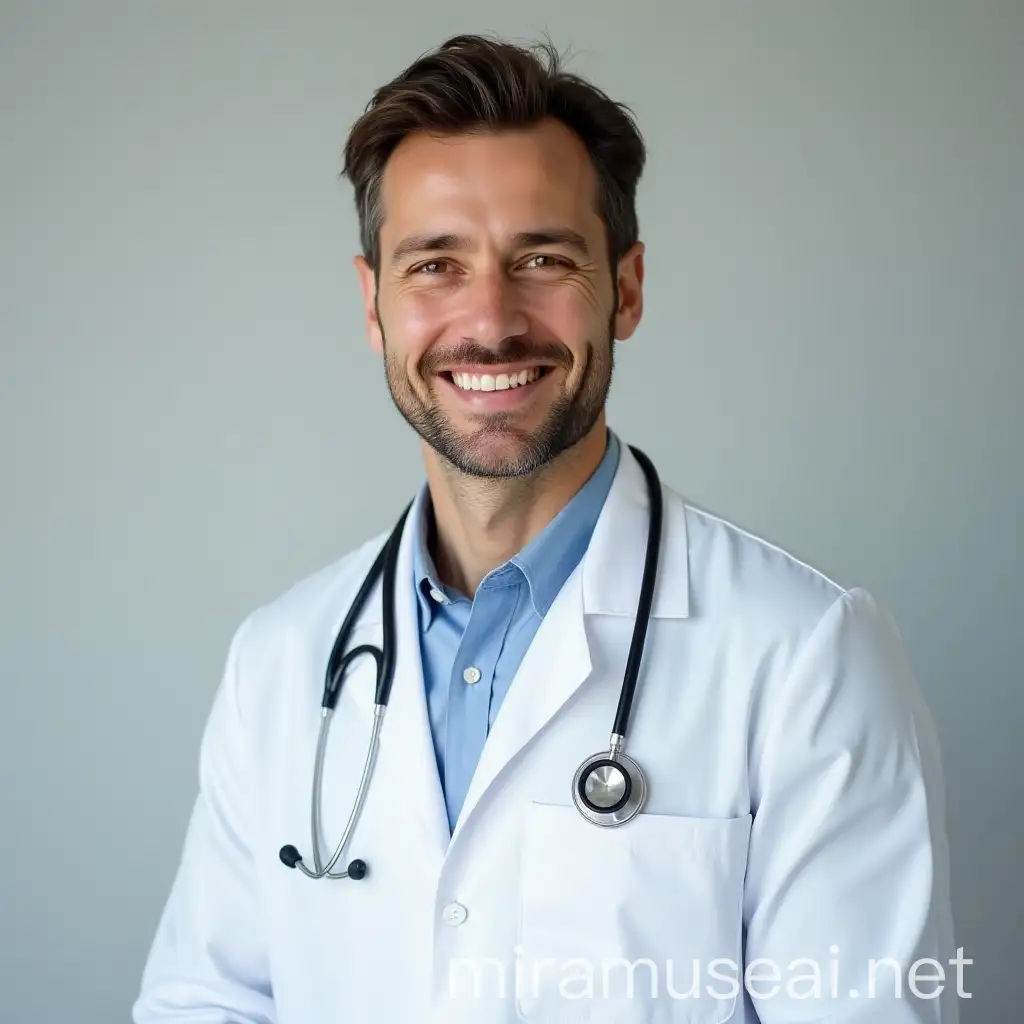 a handsome doctor is 32 years old with a white coat with stethoscope turned at 45°