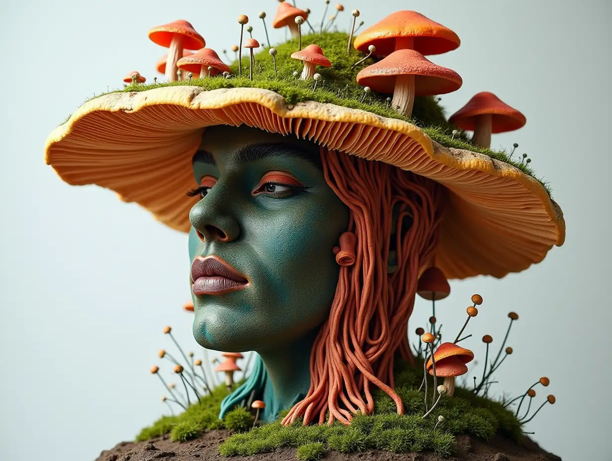 Face transformed into building with colorful mushroom roots