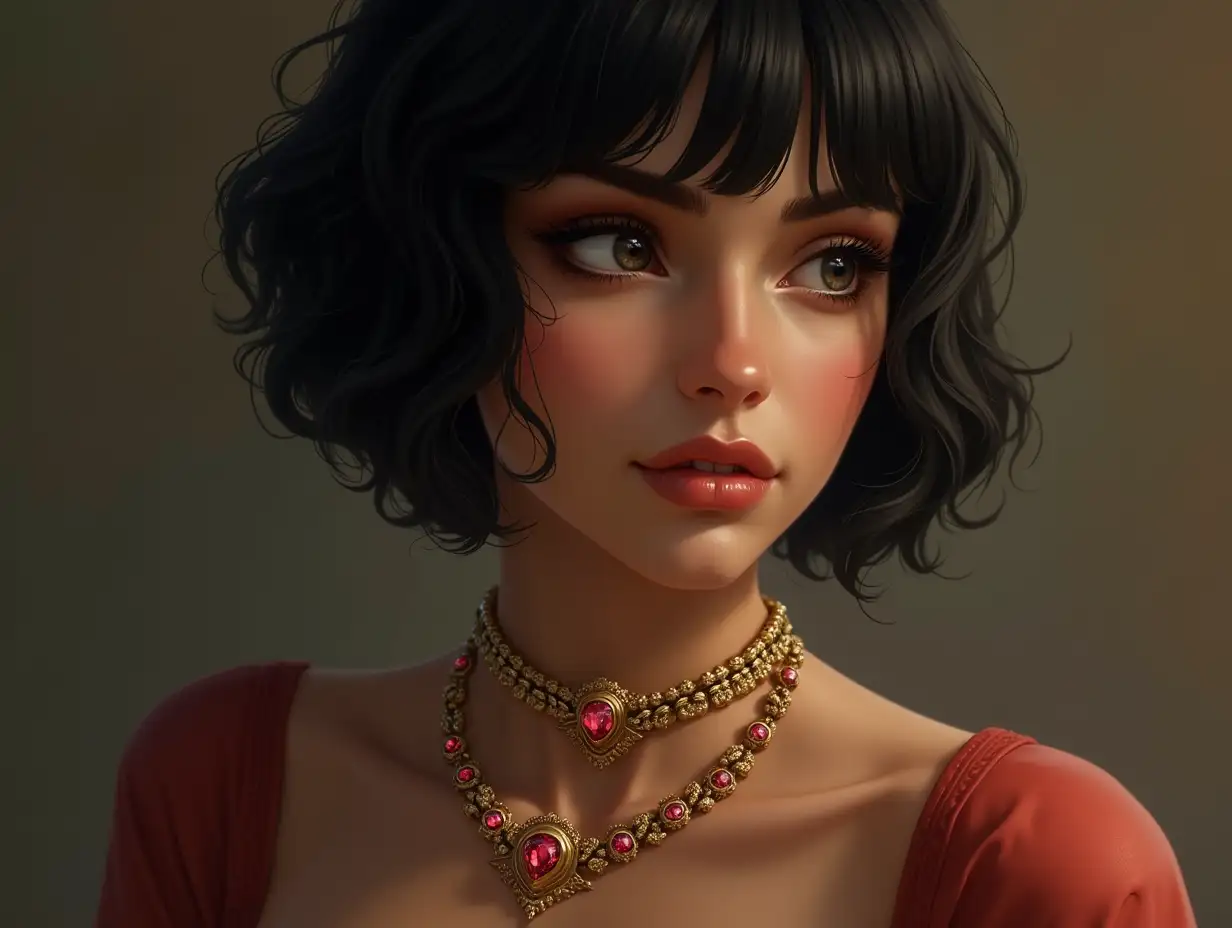 Princess with ruby-gold necklace with diamond, short hair, black skulls, gold