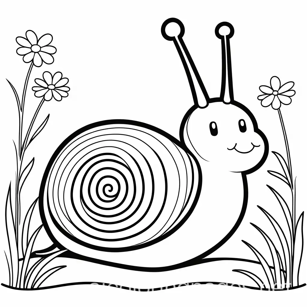 Cute-Cartoon-Snail-with-Flowers-and-Grass-for-Kids-Coloring-Page