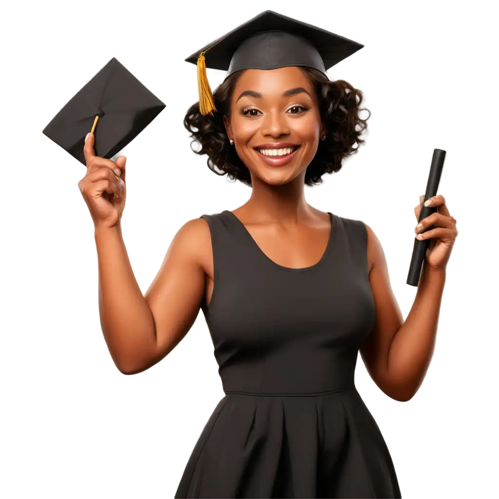 Happy-Adult-Black-Woman-Animated-Drawing-with-Pipe-and-Graduation-Cap-PNG-Image