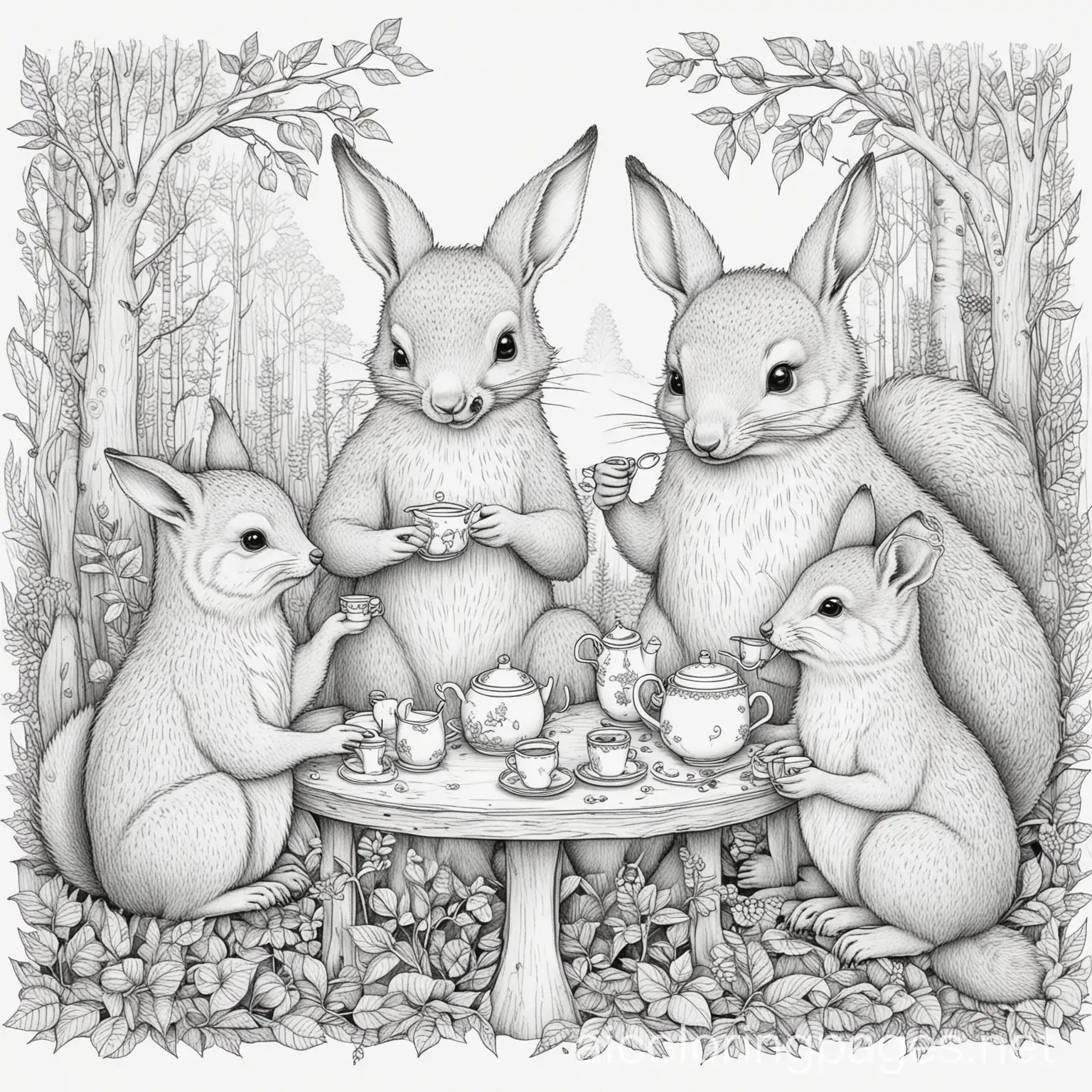 Whimsical-Woodland-Creatures-Drinking-Tea-Coloring-Page