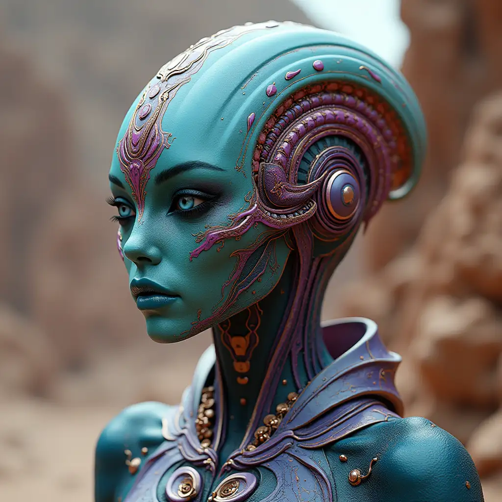 Hyperrealistic of a beautiful alien queen futuristic that are intricately detailed, colorful and rocky background