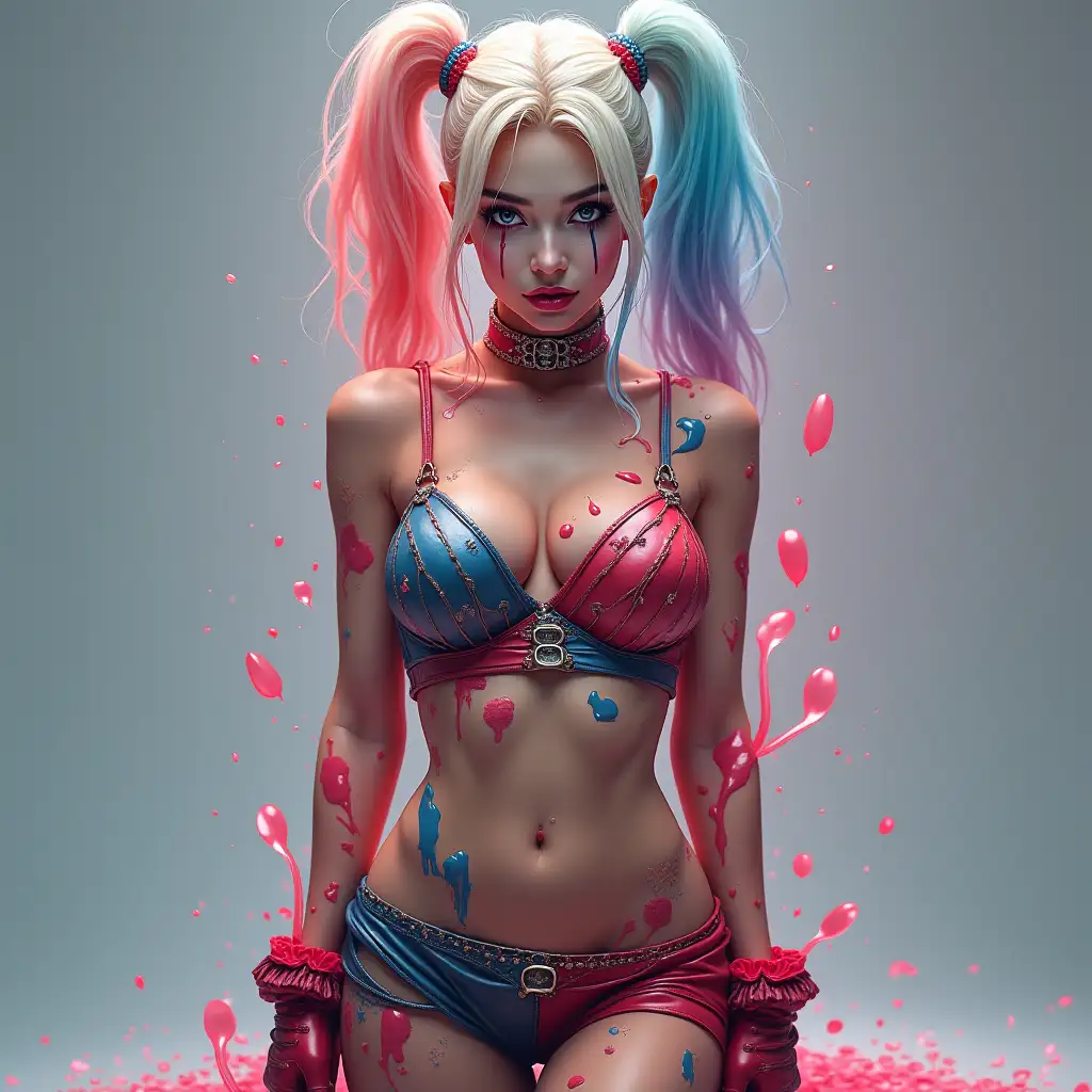 A stunning masterpiece of a Harley Quinn portrayal blending surreal elements and vibrant colour with her seductive allure. She is wearing a deconstructed mini-skirt outfit with abstract shapes, with the colours seeming to flow with her form, set against a background with a subtle, gradient that seems to warp with the image. Her detailed photorealistic face features bold, manga-inspired makeup, with perfect eyes that seem to draw you into an alternate reality. The UHD picture is enhanced with a soft crystal translucency, creating a dreamlike and ethereal quality. With a dynamic and captivating pose, Harley’s appeal draws the viewer into her world of abstract beauty and playful chaos.  full body view,