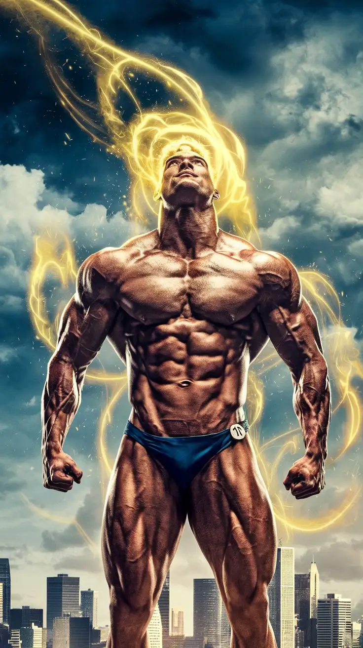 Musclegod bodybuilder receiving superhuman brawn from the gods.