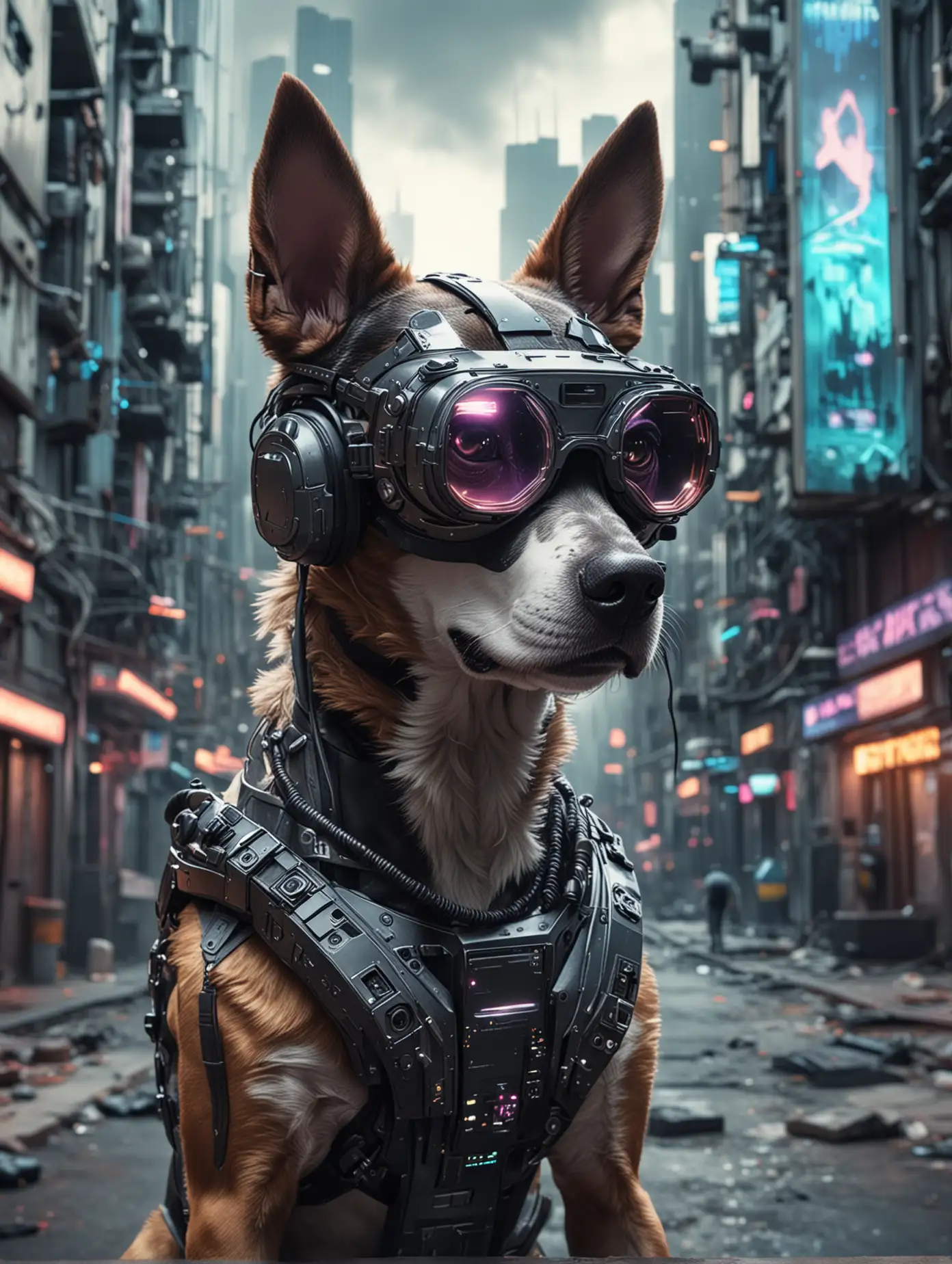 A cyber punk dog living in a futuristic city wearing VR headset