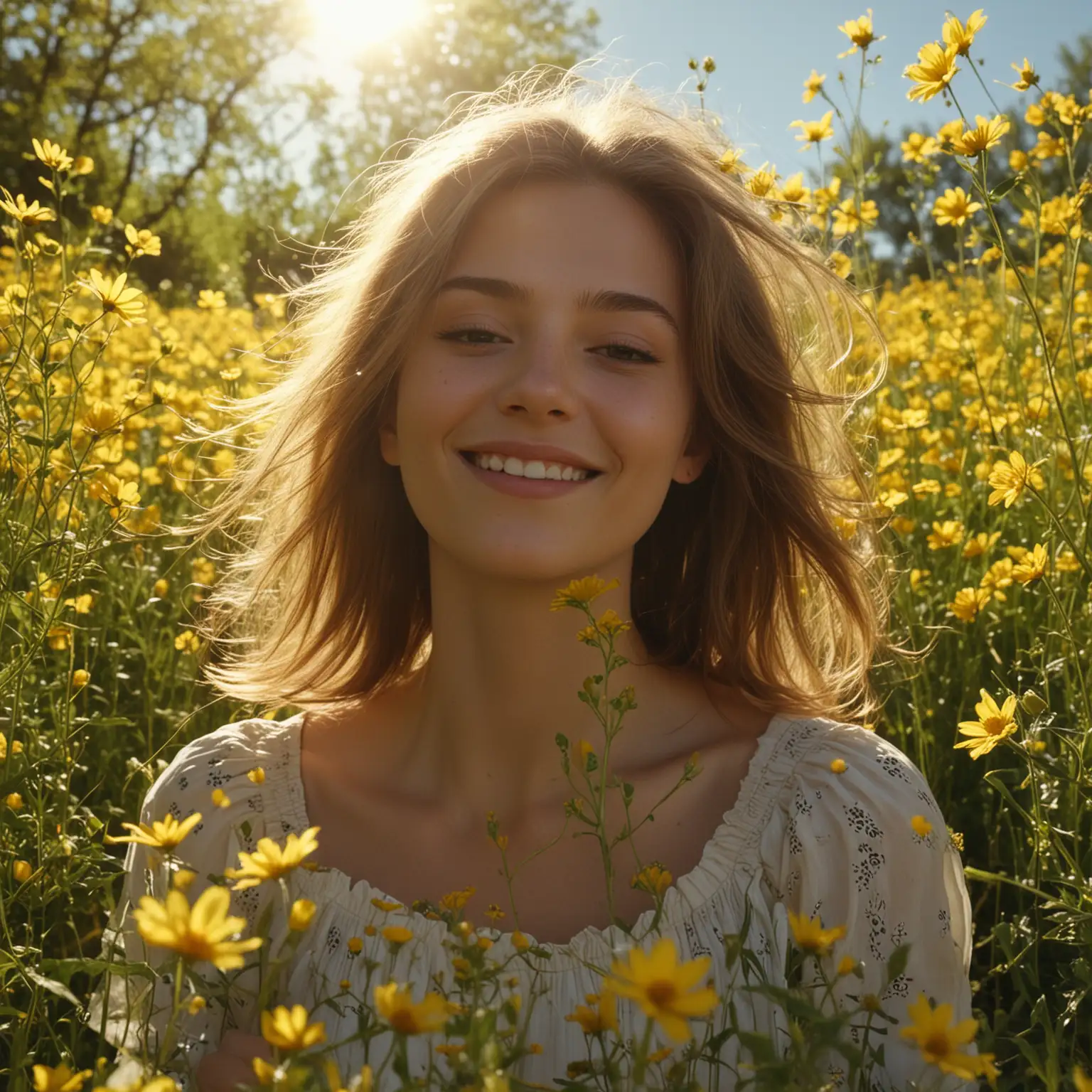 Scene Description: The video opens with a wide shot of a sunlit meadow filled with vibrant yellow flowers swaying gently in the breeze. The sun is shining brightly, casting a warm glow over the scene. The camera slowly zooms in on a young woman sitting peacefully among the flowers, her expression serene and content. Character: A young woman, dressed in a light, flowing dress that complements the colors of the flowers. Her hair is gently tousled by the breeze, and she has a relaxed, joyful demeanor. Camera Movement: The camera begins with a wide shot, capturing the expansive field of yellow flowers and the clear blue sky. It then slowly moves in a circular motion around the woman, showcasing her interaction with the flowers. As the camera circles, it captures close-ups of her hands gently touching the petals and her face lighting up with a smile. Occasionally, the camera pans up to capture the sunlight filtering through the leaves of nearby trees, adding a magical quality to the scene. Visual Elements: The bright yellow flowers should dominate the frame, symbolizing joy and positivity. The sunlight should create a warm, inviting ambiance, with occasional lens flares for a dreamy effect. The camera should capture the interplay of light and shadow as it moves, adding depth to the visuals. Overall Tone: The video should evoke feelings of tranquility, happiness, and a deep connection to nature, encouraging viewers to appreciate the simple joys of life