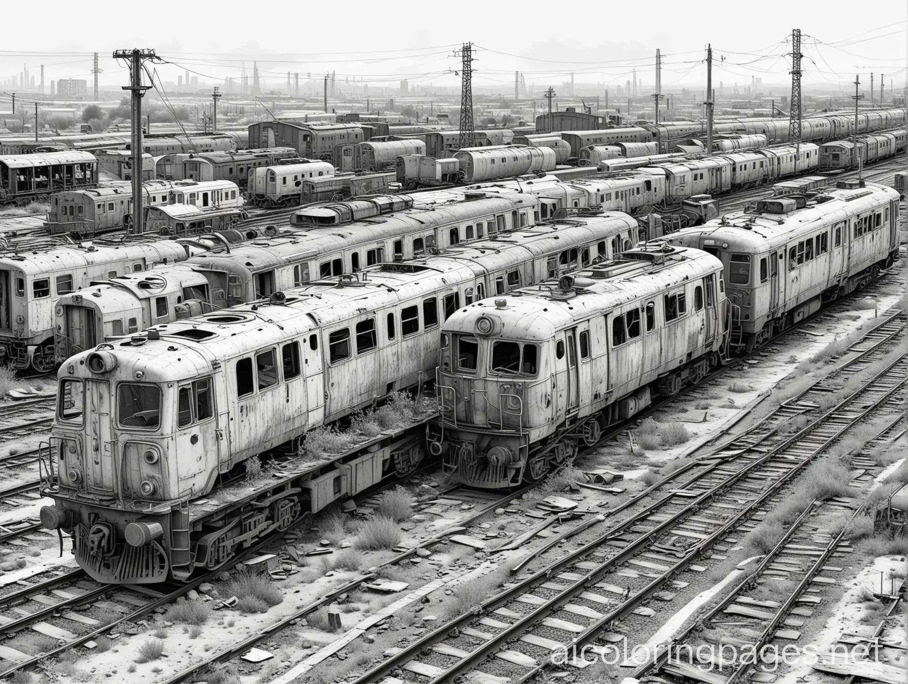 PostApocalyptic-Abandoned-Electric-Locomotives-in-Train-Yard-Coloring-Page