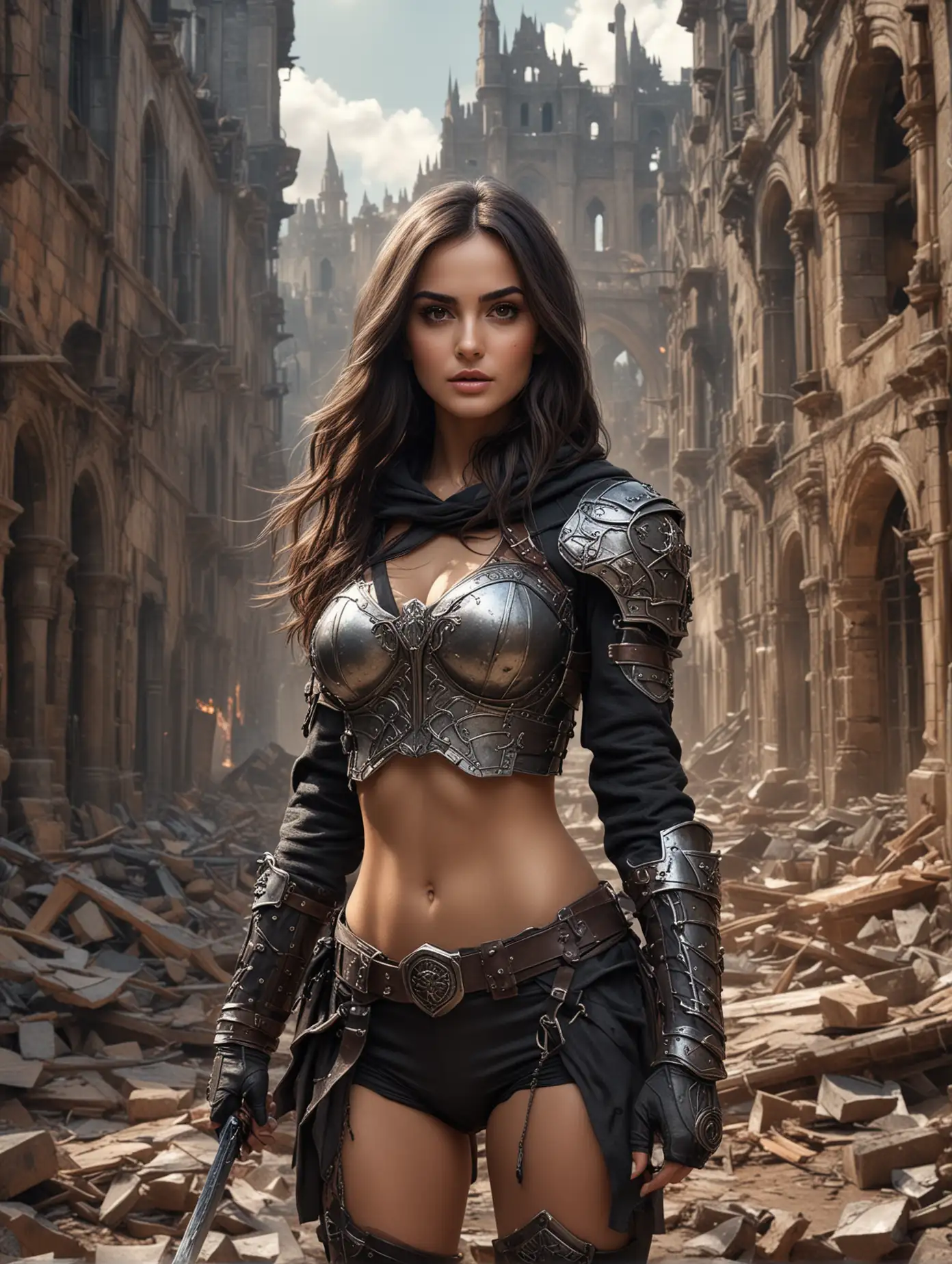 Eye level view, digital artwork of beautiful camila belle, she has bright shine eyes and beauty cleavage, wears barbarian war suit with hoodie coat completely with sword and shield on hand, standing on pile of destroyed buildings wrecked in dynamic battle pose, amazing view of destroyed castle's hall background, cororful organic shape, fantasy theme, insane, unusual, extremely detailed, masterpiece art