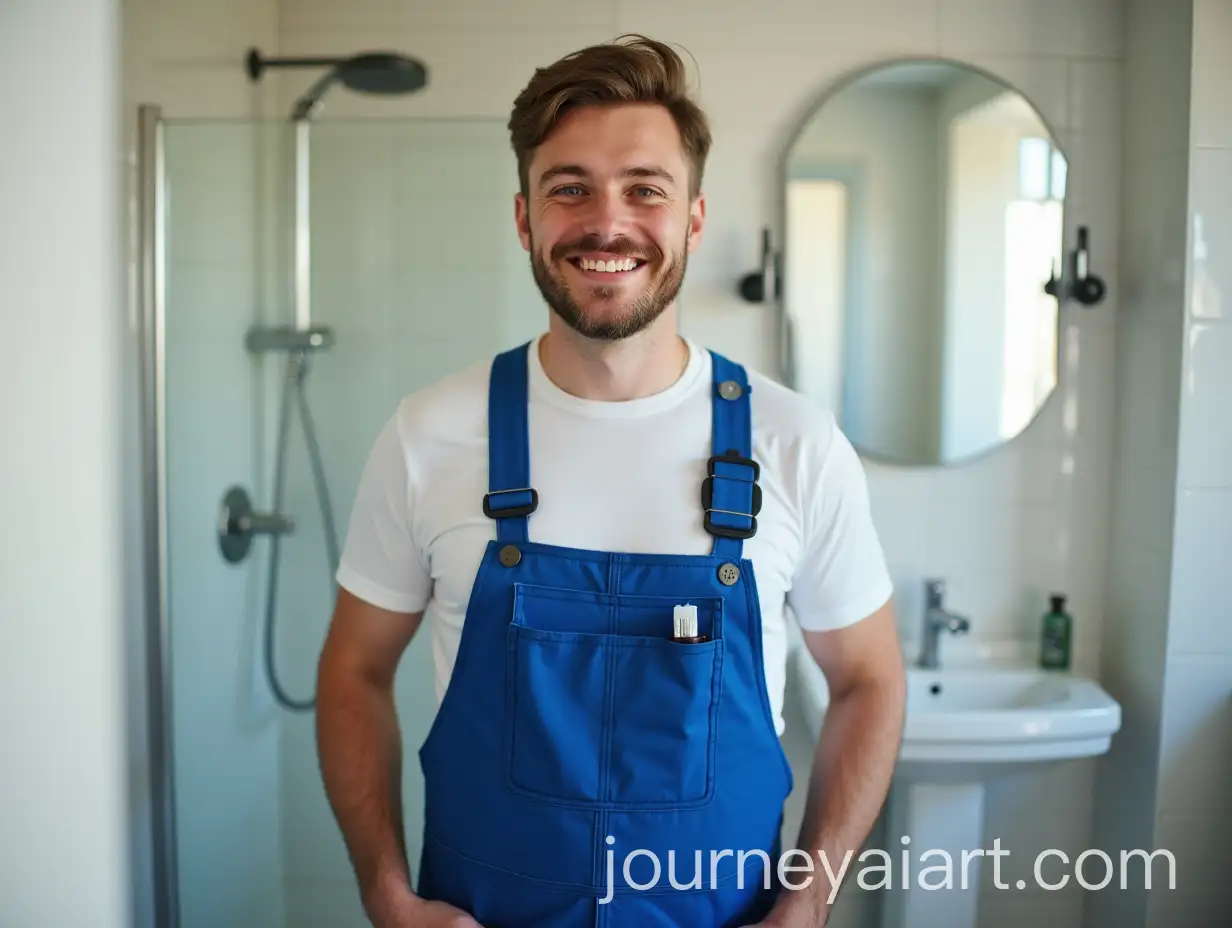 Cheerful-Young-Plumber-in-Blue-Overalls-Standing-in-Bathroom