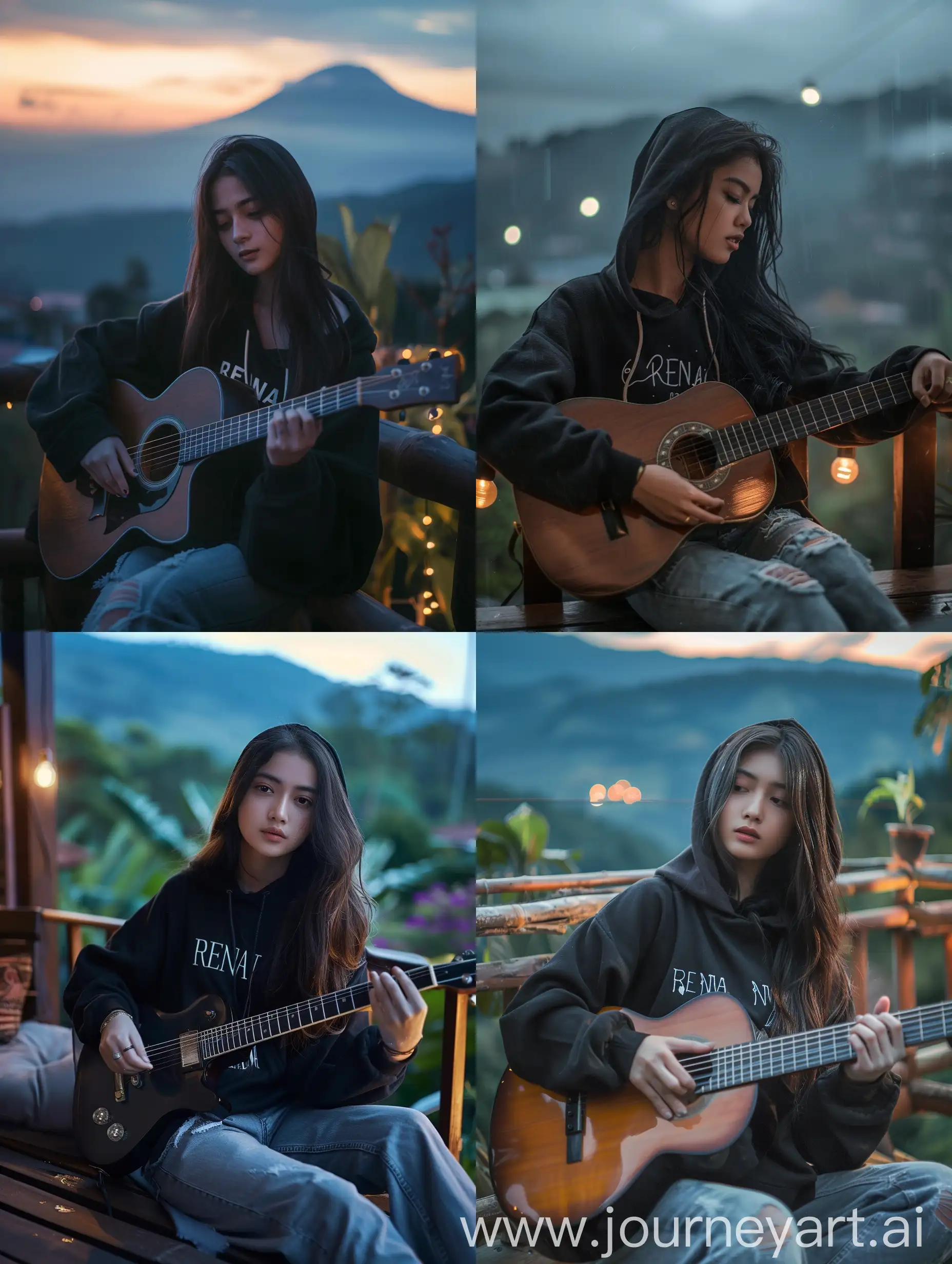 Beautiful-Indonesian-Woman-in-Black-Hoodie-with-Guitar-Night-View-of-Mount-Semeru