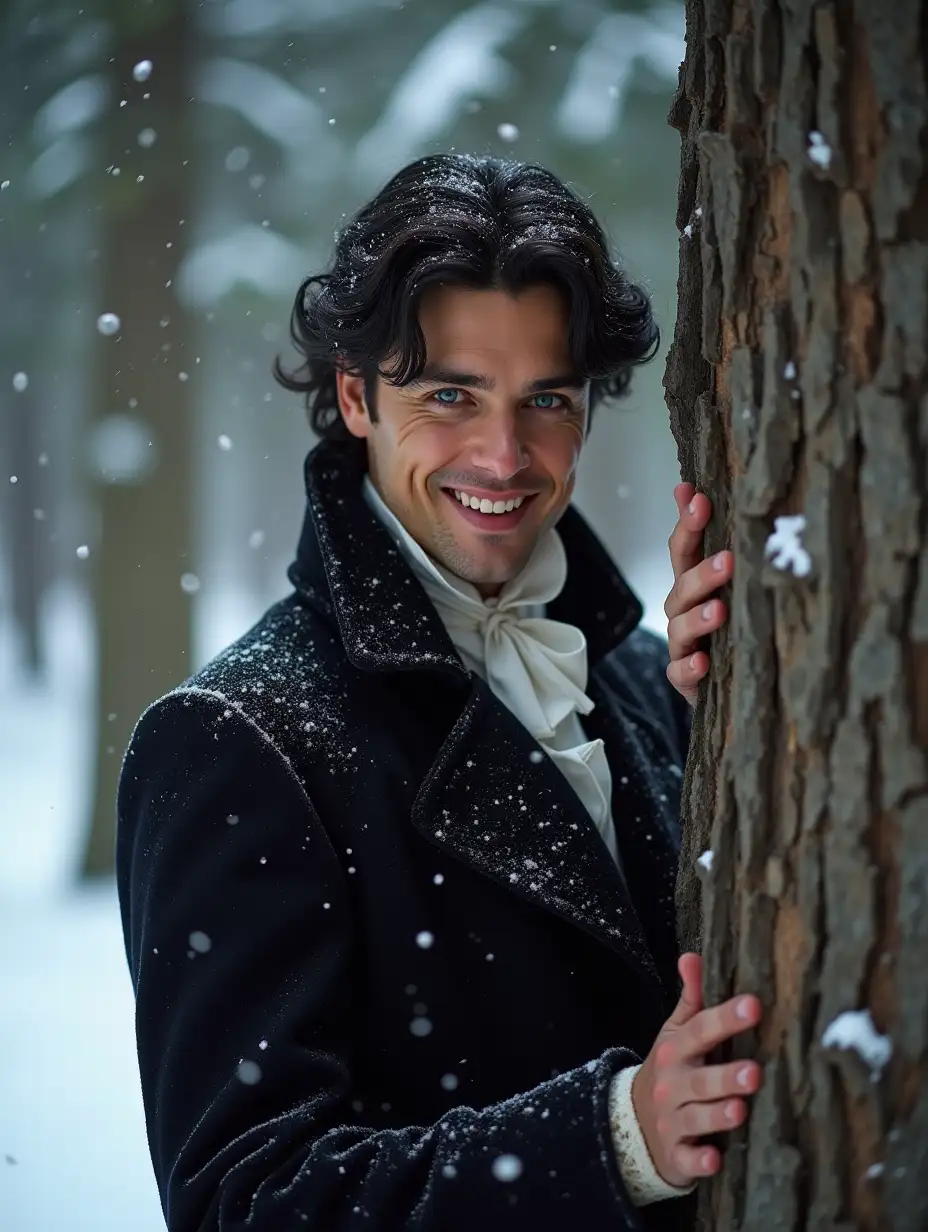 Winter, close-up portrait, handsome male prince with black hair just below the shoulders, with blue eyes, very similar to Alain Delon, in rich Victorian winter clothes, laughing,, peeking out from behind the trunk of a huge pine tree, dynamic pose, snow-covered Victorian park with dense fir trees, snowfall, luxury, falling snow, masterpiece