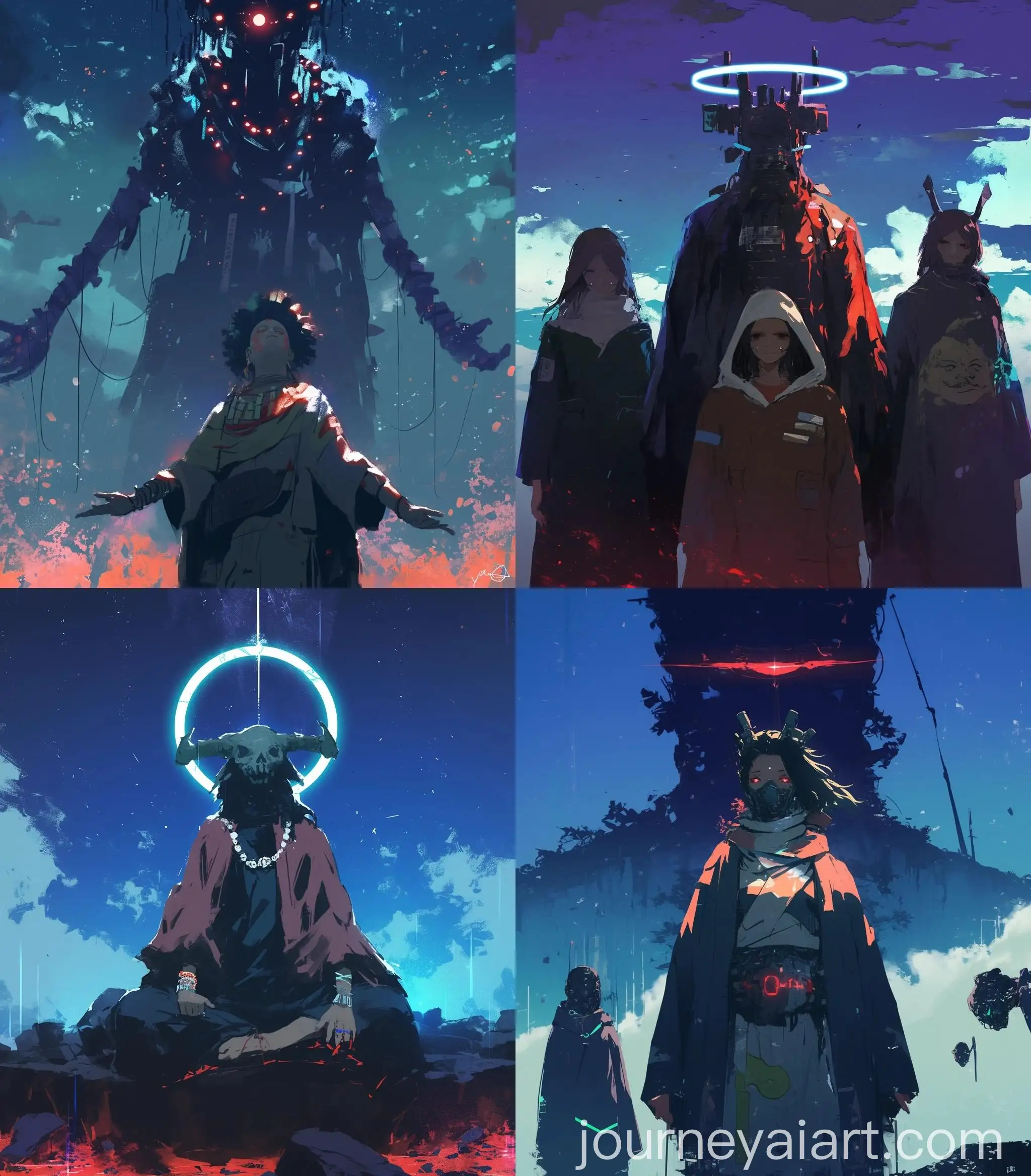 Psychedelic-Cyberpunk-Shamans-Casting-Spell-in-Warm-Pastel-Colors