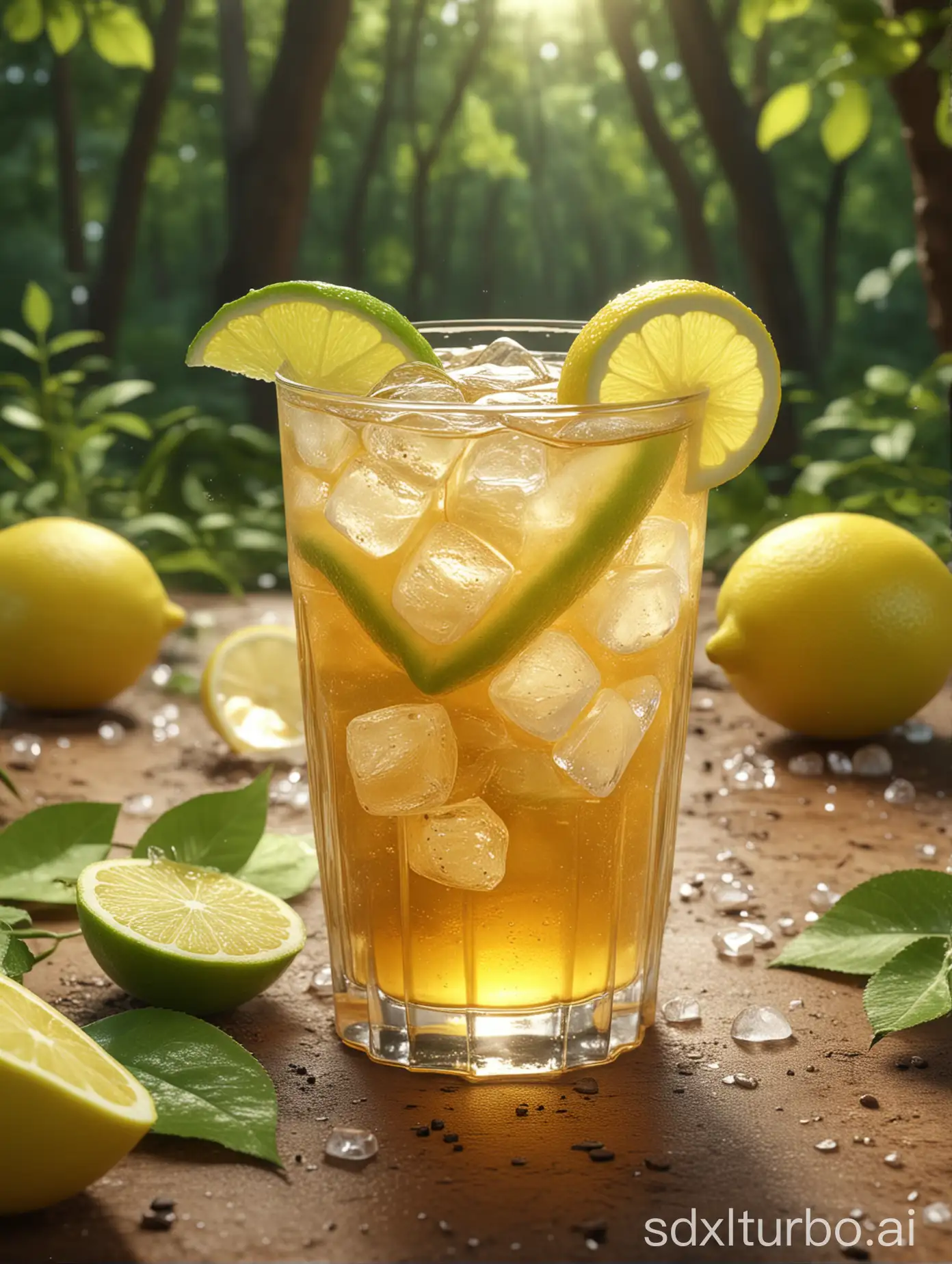 Refreshing-Amber-Lemonade-Poster-with-Green-Lemon-and-Ice-Cubes-in-Forest-Scene