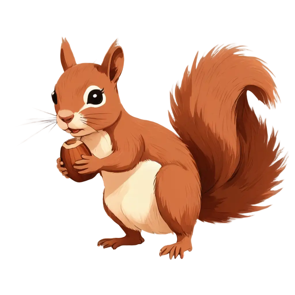 Cute-Squirrel-2D-Hand-Drawn-Cartoon-Style-Holding-an-Acorn-PNG-Image