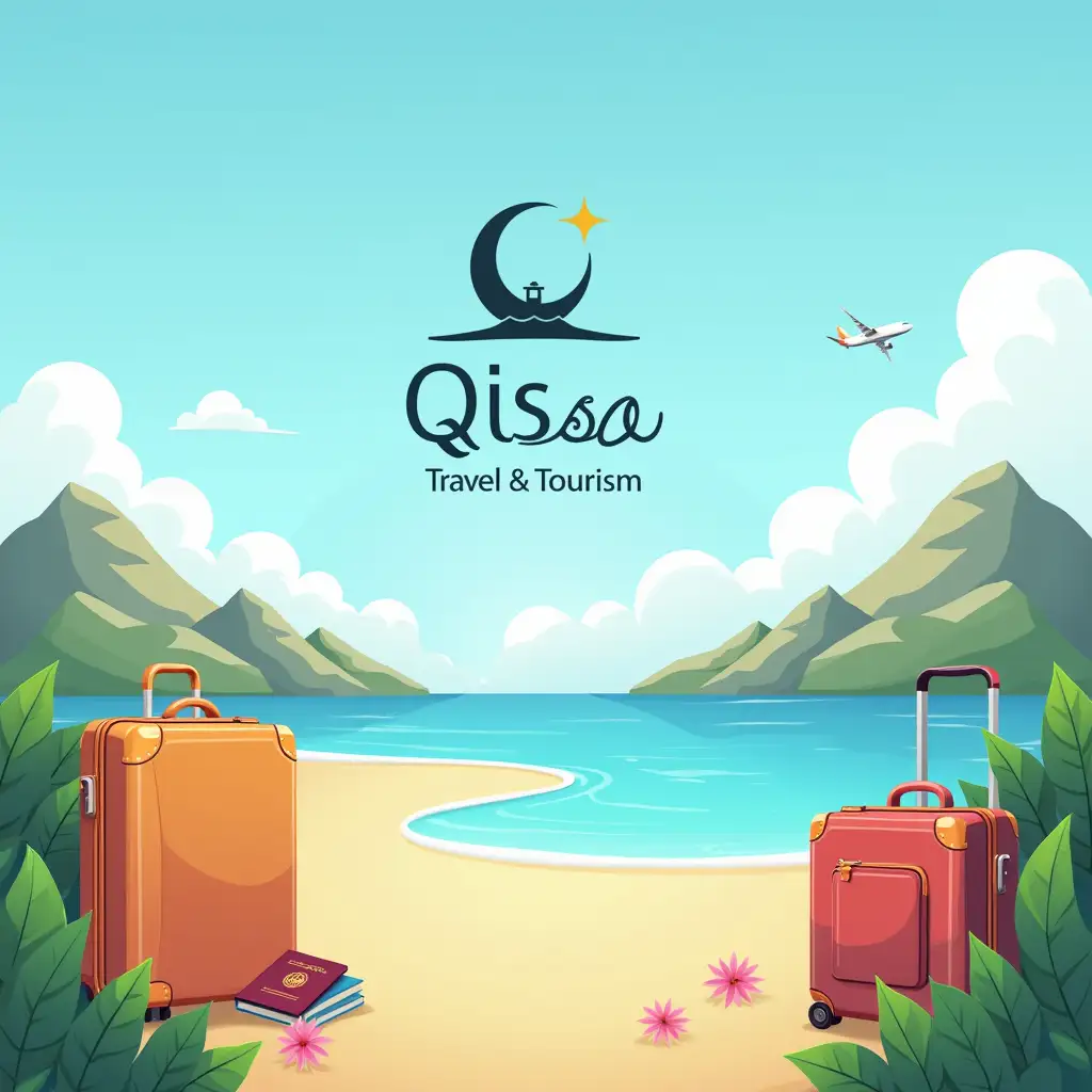 Create a vibrant and professional image representing a travel and tourism company. The scene should include a beautiful landscape with a mix of natural elements like mountains, beaches, and clear blue skies. Add modern elements such as a sleek logo with the text 'Qissa Travel & Tourism', a suitcase, a passport, and a plane flying in the distance. Use warm, inviting colors and a professional design style suitable for a corporate presentation.