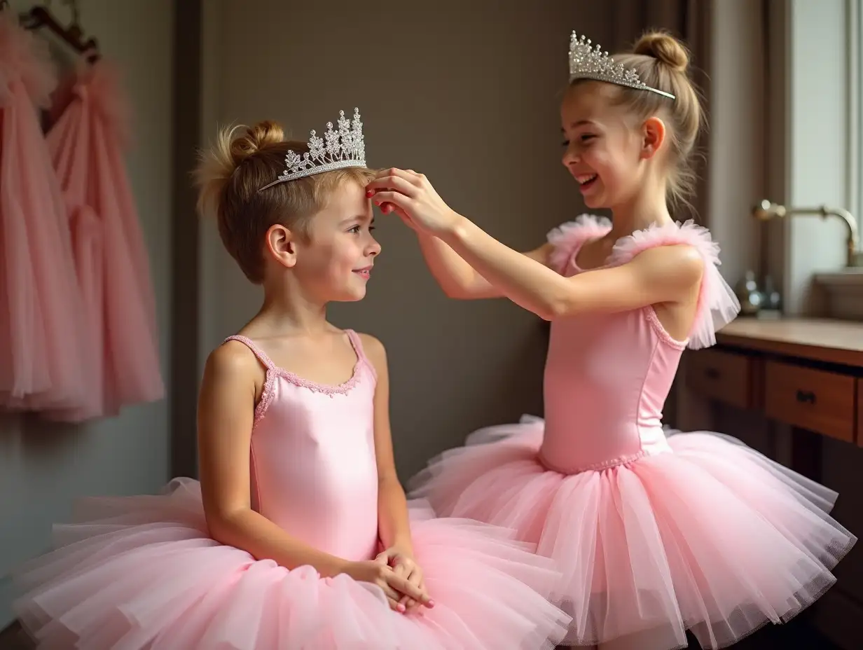 Photorealistic photograph image of a young teenage boy with short spikey hair wearing a pink classical ballerina costume with a large stiff platter tutu. He is seated in a backstage dressing room. His older sister is standing next to him helping him get ready for the ballet performance. She is also wearing a matching pink classical ballerina costume with a large stiff platter tutu. She is helping to place a sparking tiara on his head. She looks very happy and is smiling, the boy looks a bit nervous.