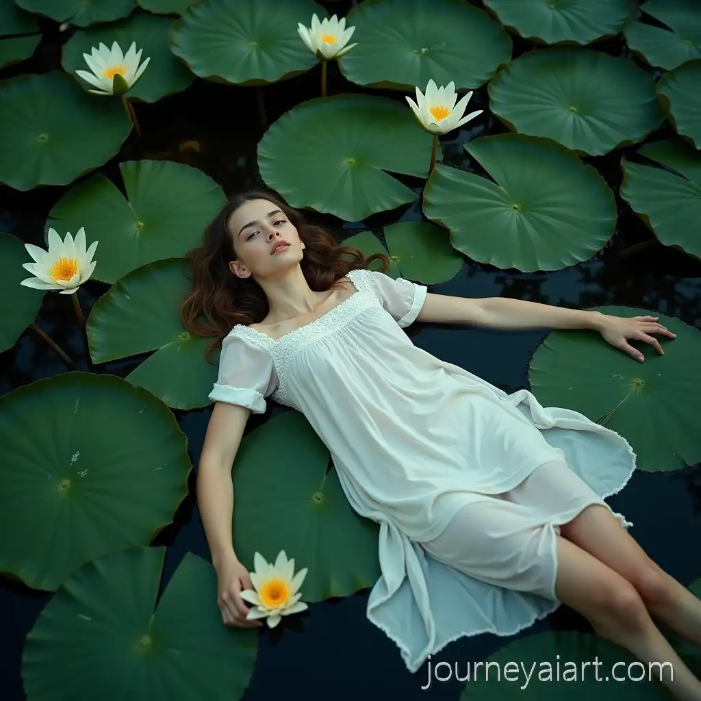 GirlGirl-in-Water-with-Lilies-Lying-in-Water-Among-Green-Lily-Pads-in-Torn-White-Nightshirt