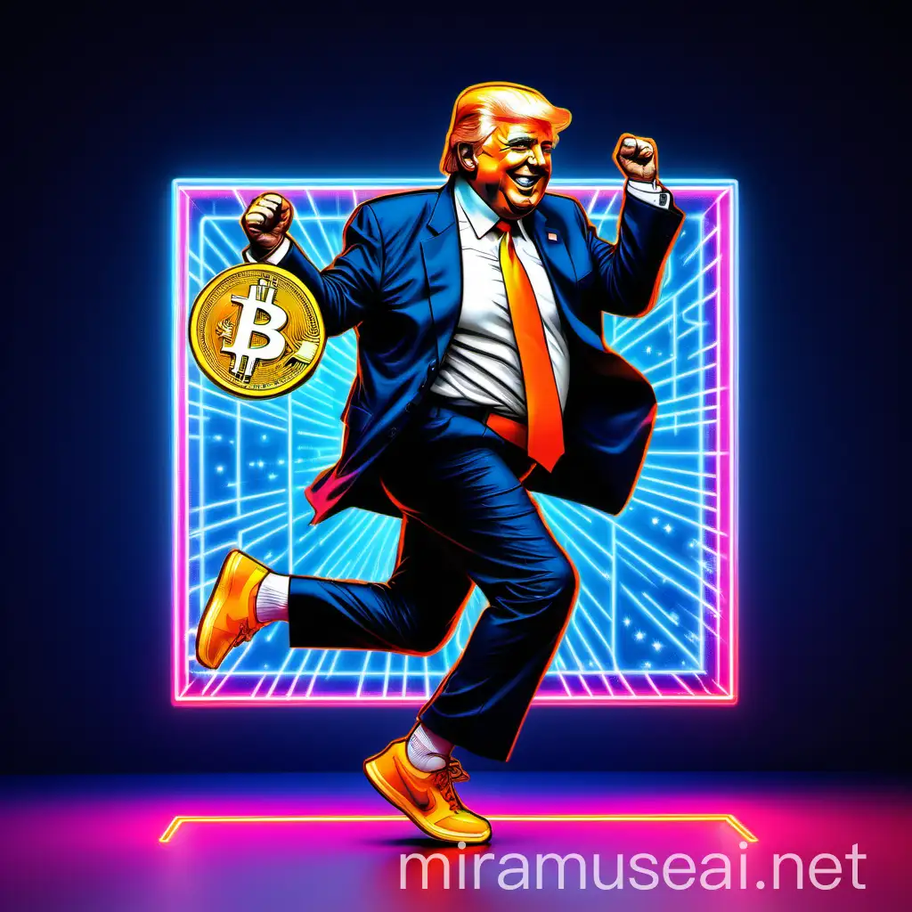 Donald Trump Dancing with Bitcoin in Neon Square