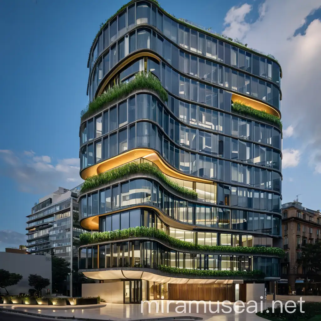 Modern Commercial Office Building with Green Facade and Courtyards