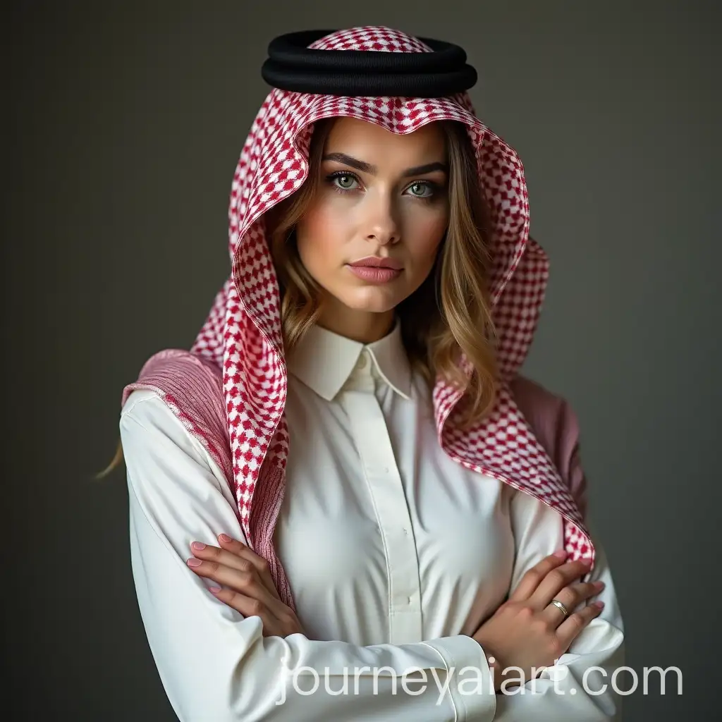 Female-Wearing-Traditional-Saudi-Menswear-in-a-Muscular-Pose-with-Serious-Expression