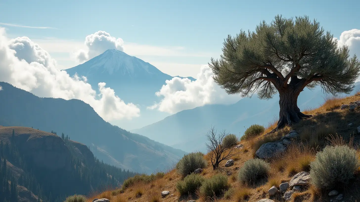 Majestic Mountain Base with Clouds and Olive Tree