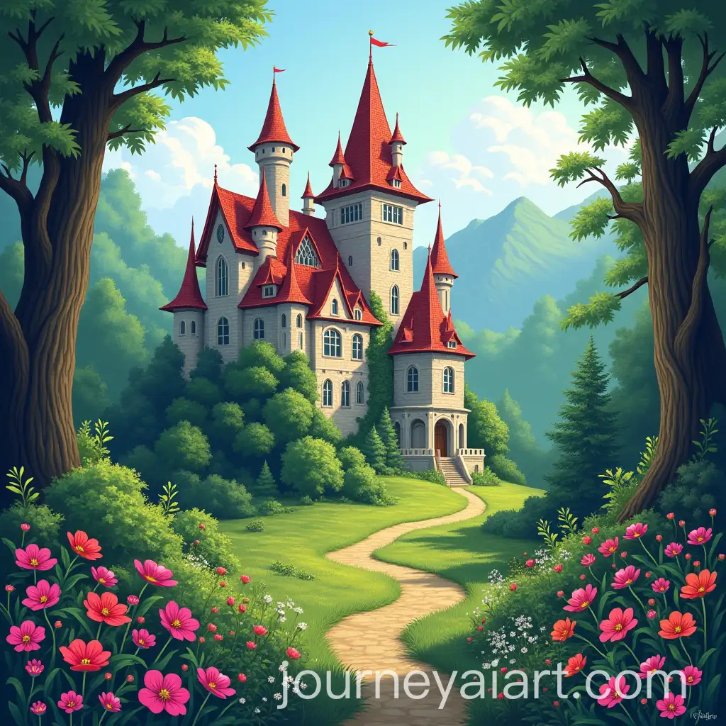 Large-Beautiful-Castle-Surrounded-by-Enchanted-Forest-and-Colorful-Flowers