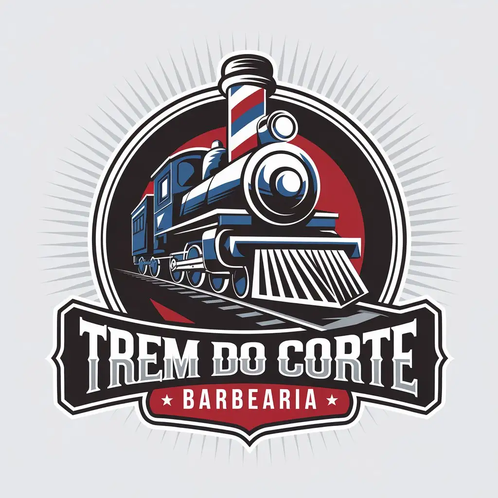 LOGO Design For Trem do Corte Barbearia Train and Barber Pole in Red White and Black