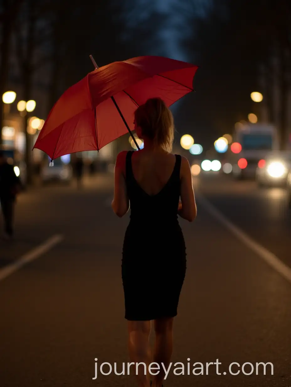 Woman-Walking-at-Night-with-Black-Dress-and-Red-Umbrella-in-Parisian-Atmosphere