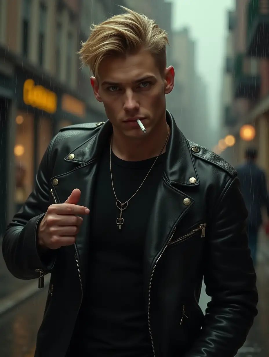 20 YEARS OLD, YOUNG MAN, NO FOREHEAD LINES, uniquely extremely handsome, and manly, short blond hair, sharp green eyes, Mafia, Not identical but he looks like young tom hardy, Strong physique, buff and thick but not fat, pseudo-realistic style, the background is street raining and he is smoking a cigarette, he is wearing a classic leather jacket with black t-shirt