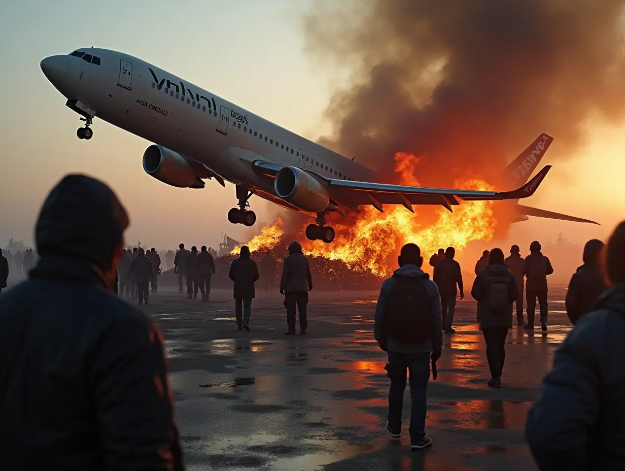 close-up image, crashed airplane, wreckage visible, flames, smoke, dust, injured people, people in panic, deaths, chaos