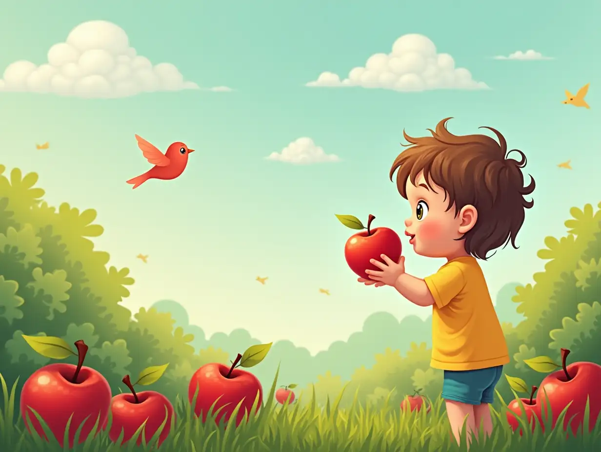 Generate image of a healthy toddler eating red apple in a garden in natural environment. While birds are flying and clouds are present 