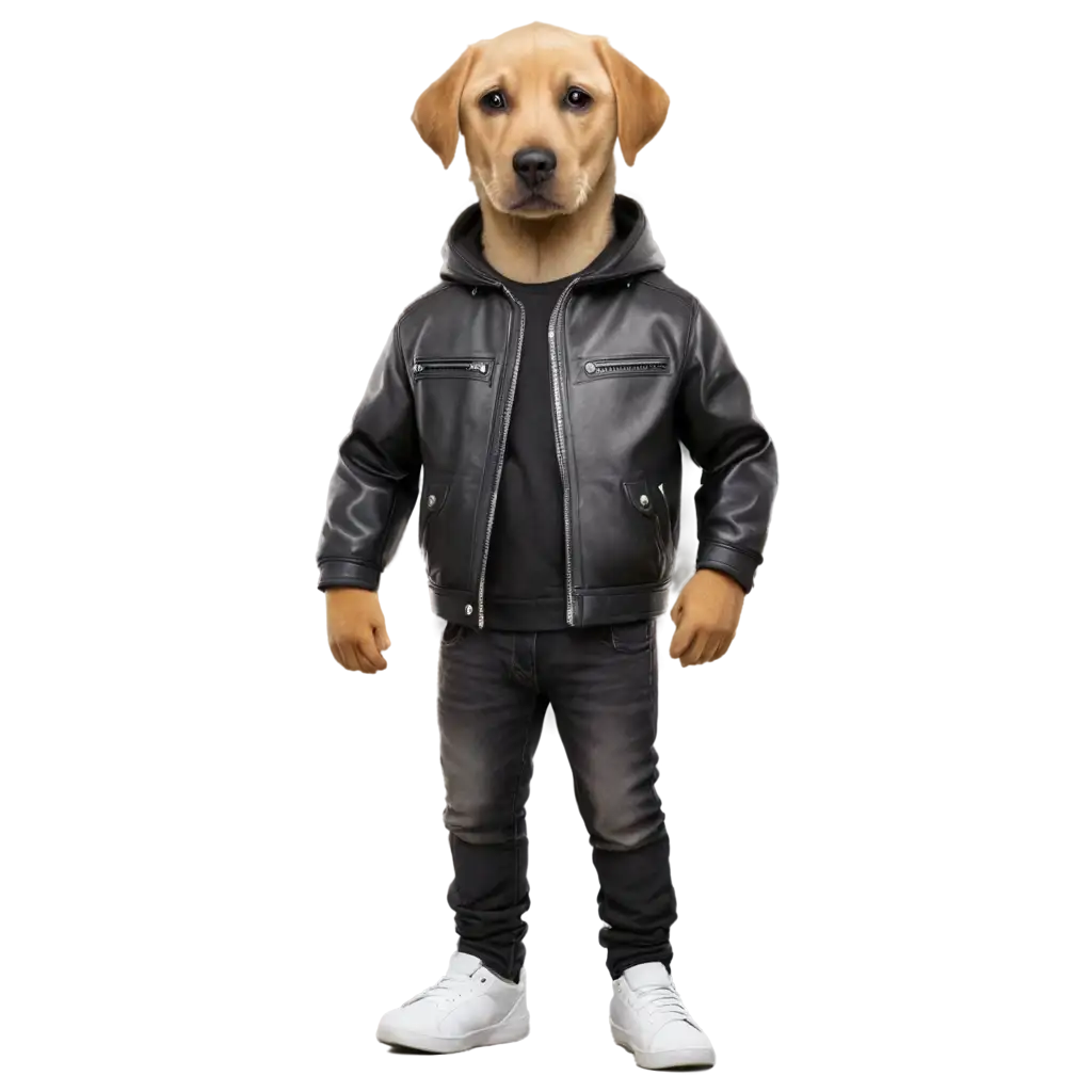 Create a hyper-realistic image of a Labrador dog with four ears, one leg, wearing a sneaker on its paw, and dressed in a black leather studded jacket. The background should be simple to emphasize the dog's unique appearance