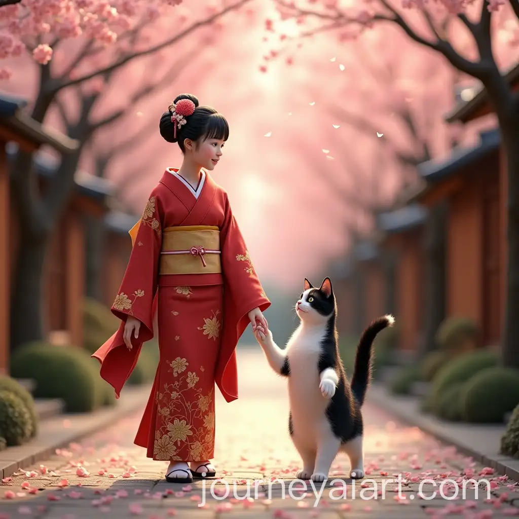 Kyoto-Maiko-Walking-with-Anthropomorphized-Cat-Beneath-Cherry-Blossoms