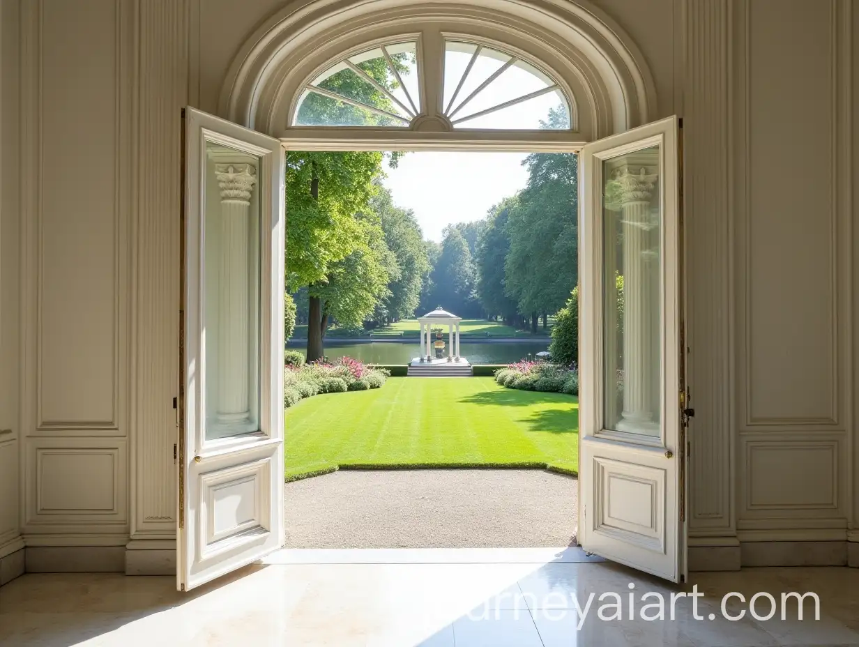 Ivory-Neoclassical-Palace-with-Grand-Room-and-Garden-View