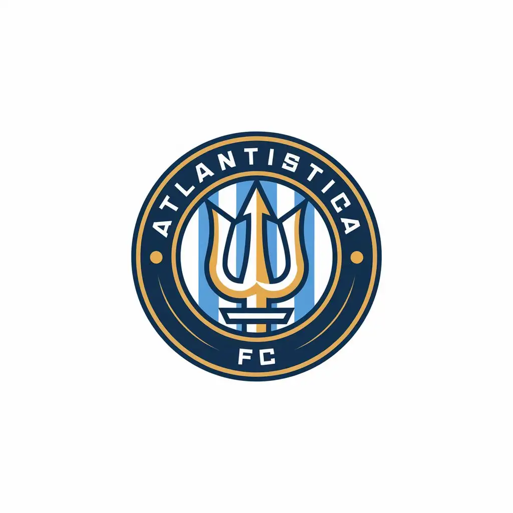 LOGO Design for Atlantistica FC Light Blue White and Gold Soccer Team Badge with Trident Symbol