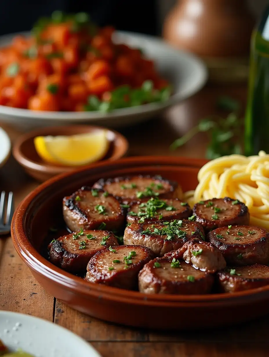 grilled steak plates placed in a tagine with spices and lemon slices next to hot pasta served on a fine dining table