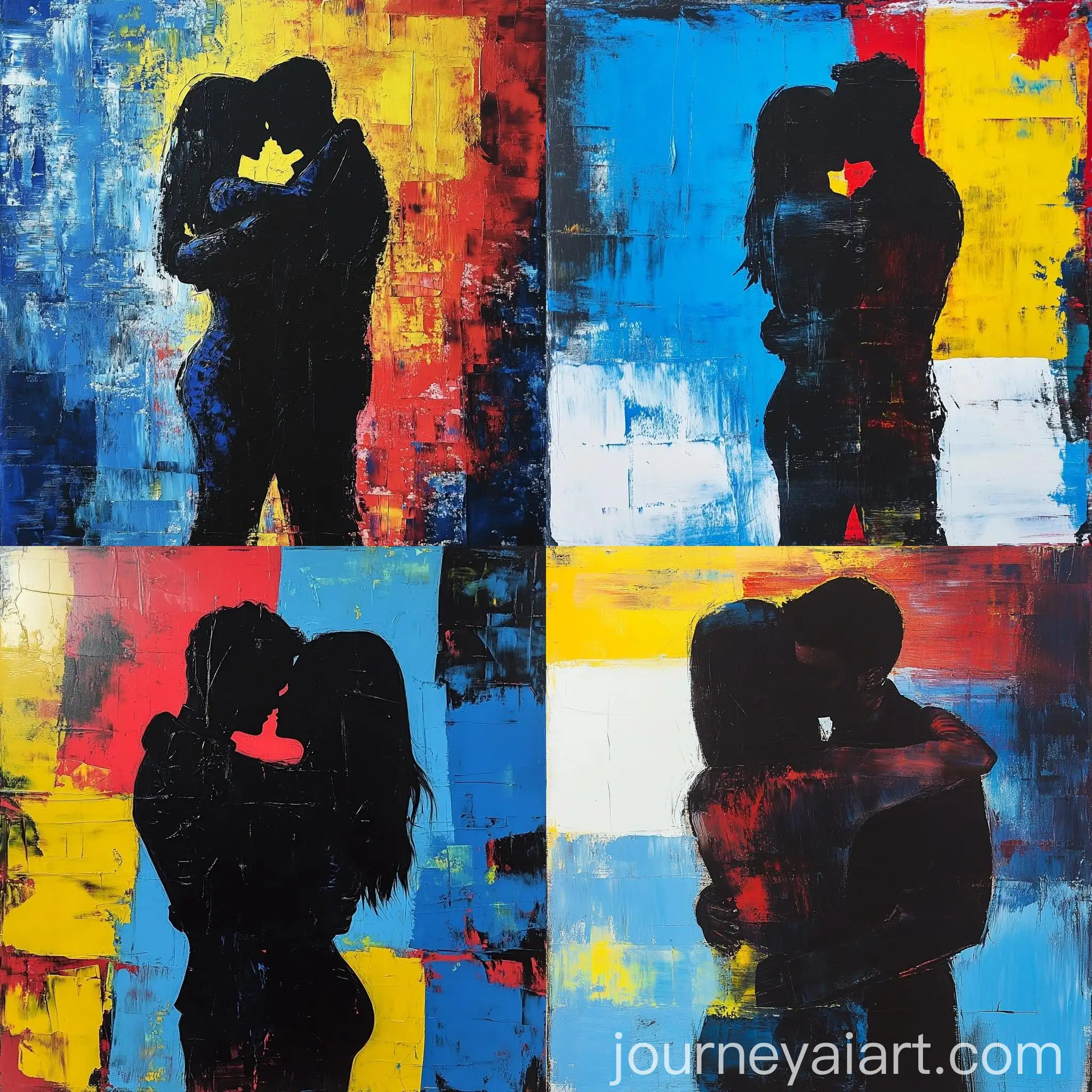 Embracing-Couple-in-Vibrant-Contrast-Abstract-Oil-Painting-on-Homemade-Paper