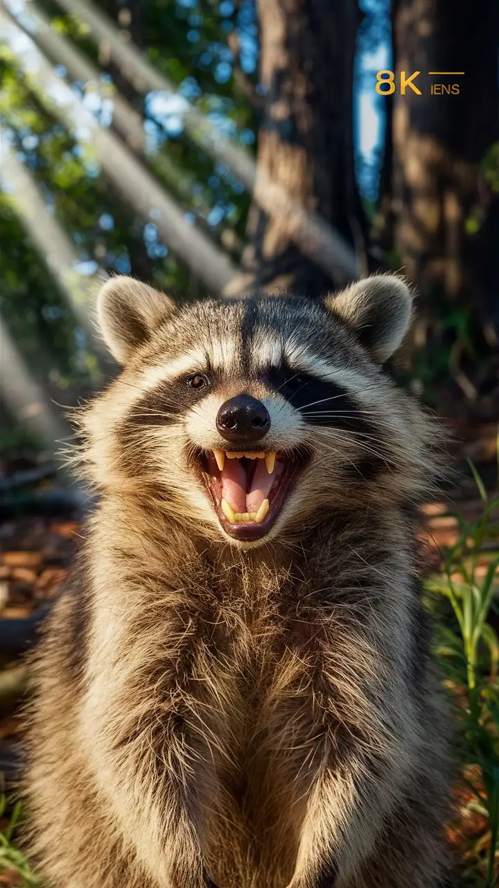 Hilarious-Raccoon-Laughing-in-Forest-with-Sunlight