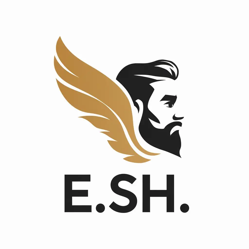 a vector logo design,with the text "E.Sh.", main symbol:Logotype styling Goose feather from one side transitioning into the face of a bearded man.,Minimalistic,clear background