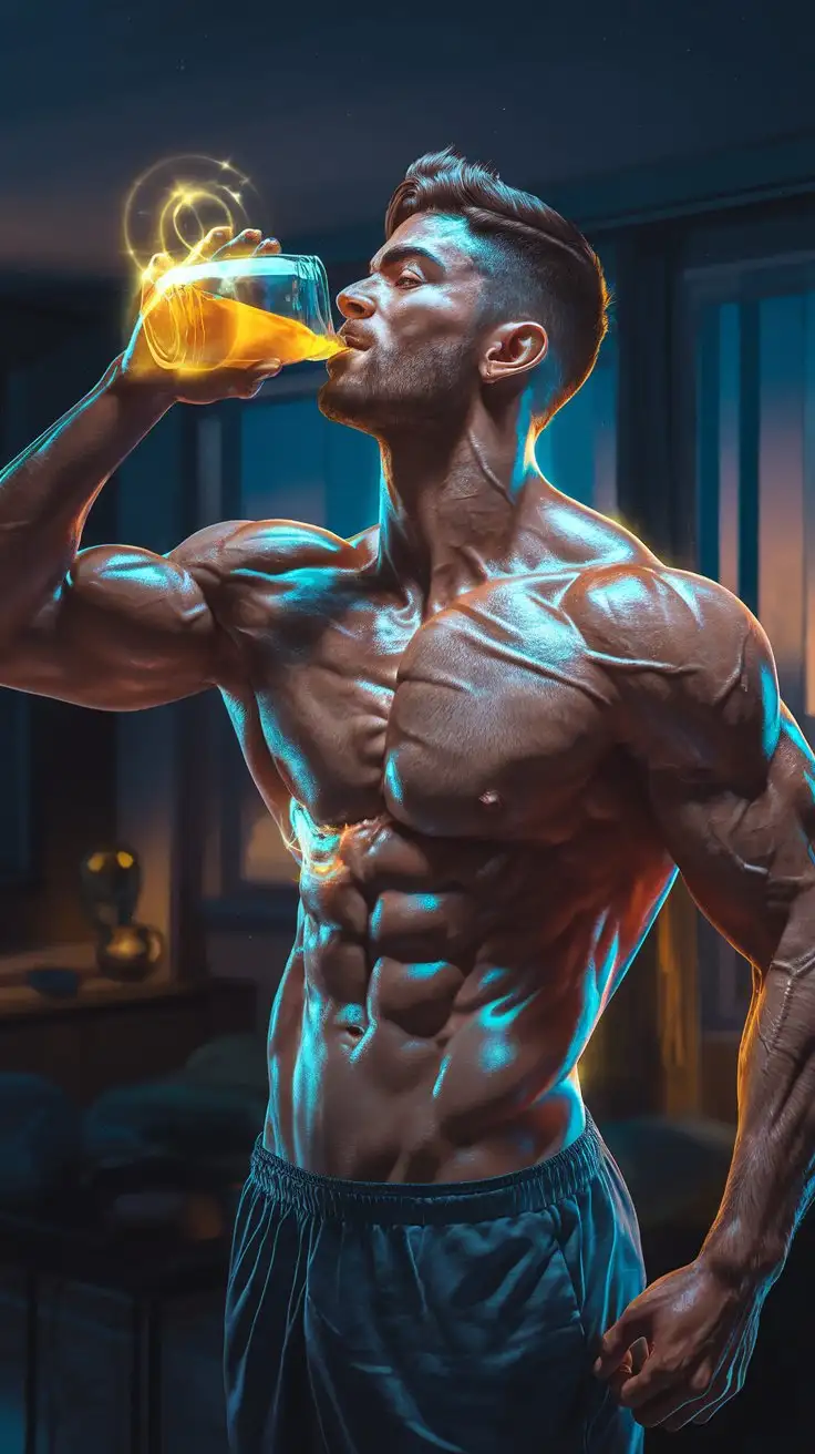 Athlete-Drinking-Ambrosia-in-Glowing-Golden-Energy-at-Night