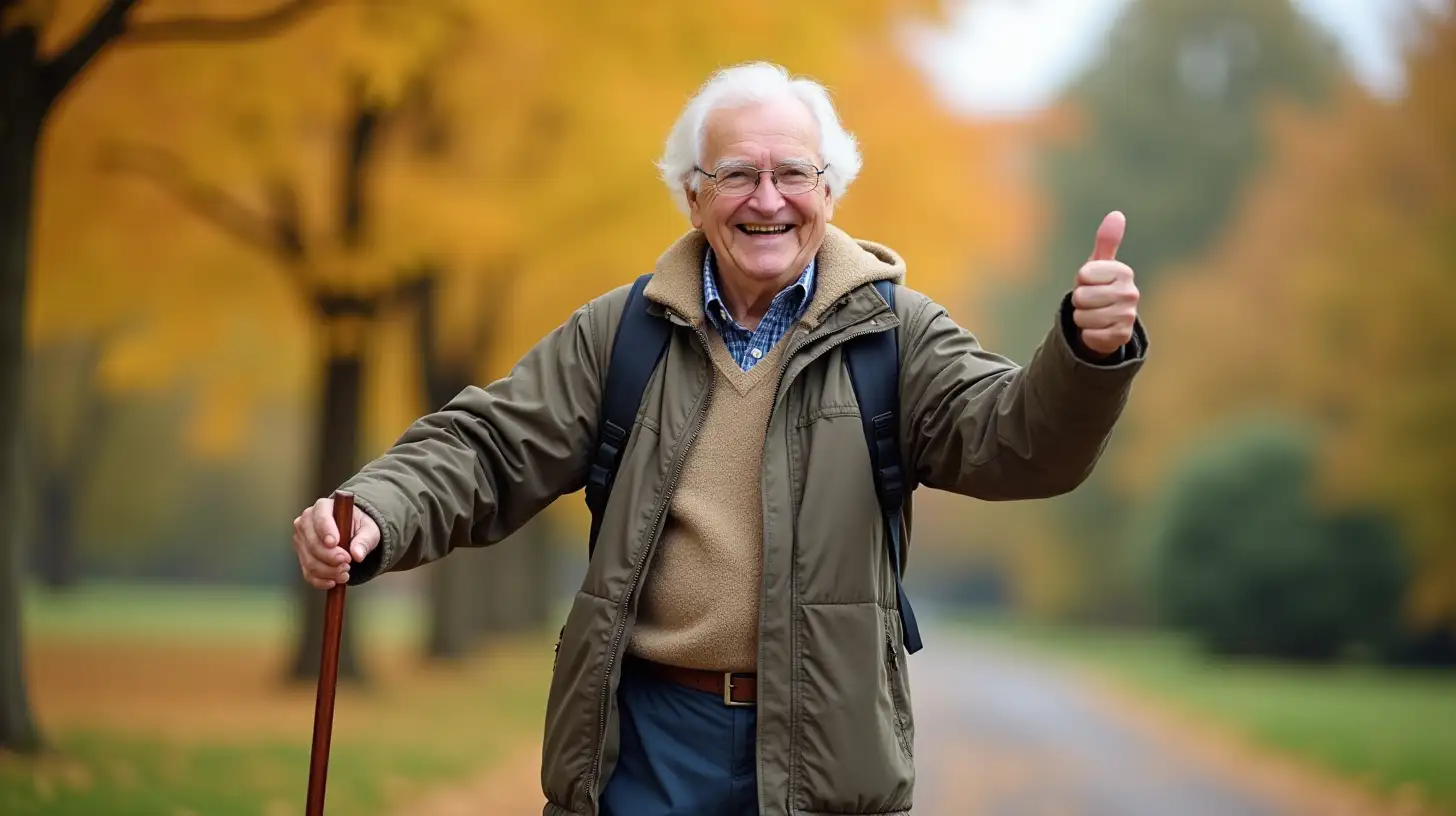 Happy Pensioner Pointing Thumb Up with Walking Sticks