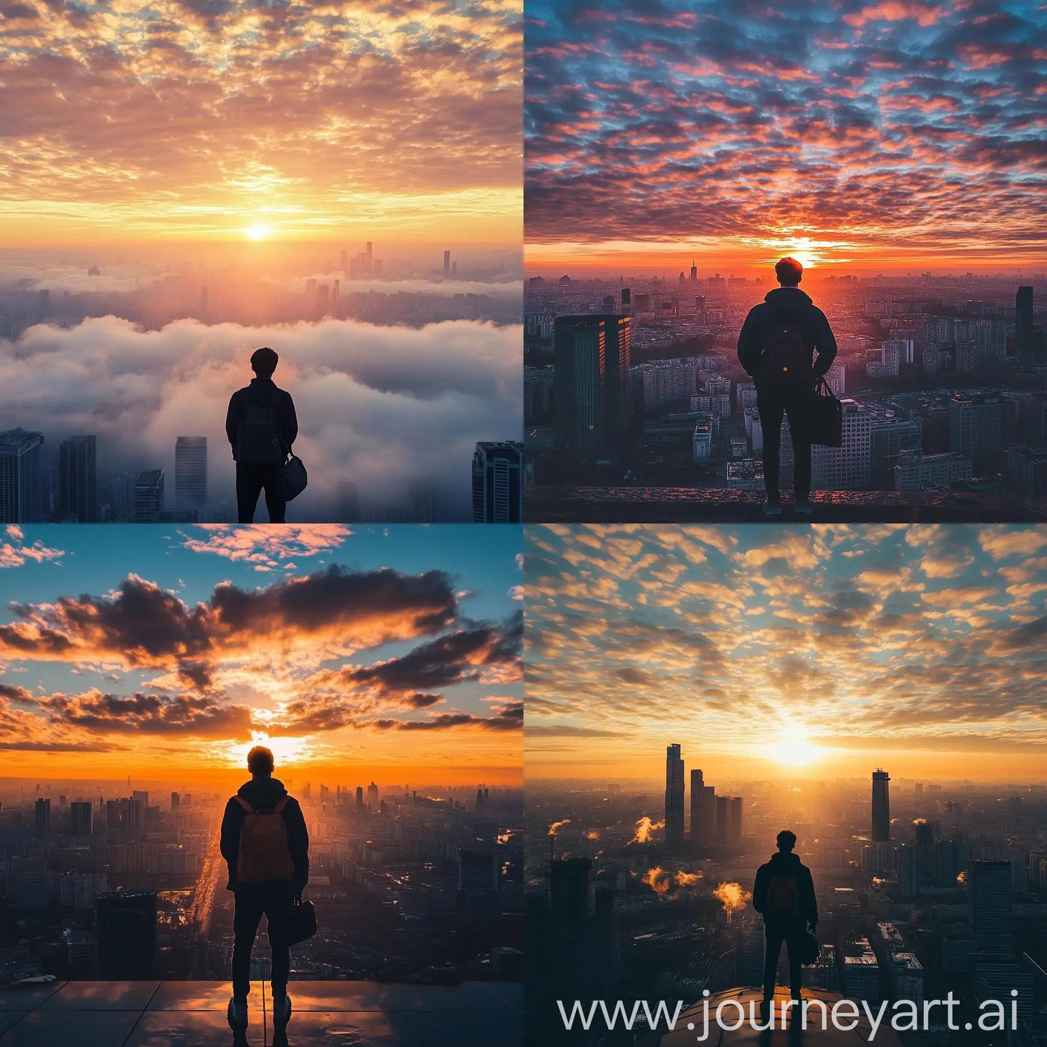 Urban-Sunset-Aerial-View-of-Modern-City-with-Silhouette-of-Young-Man