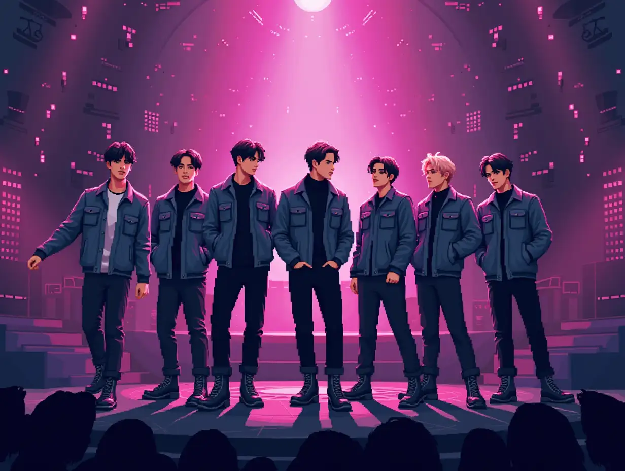 A pixel art style photo of a k-pop boy band on stage performing a song