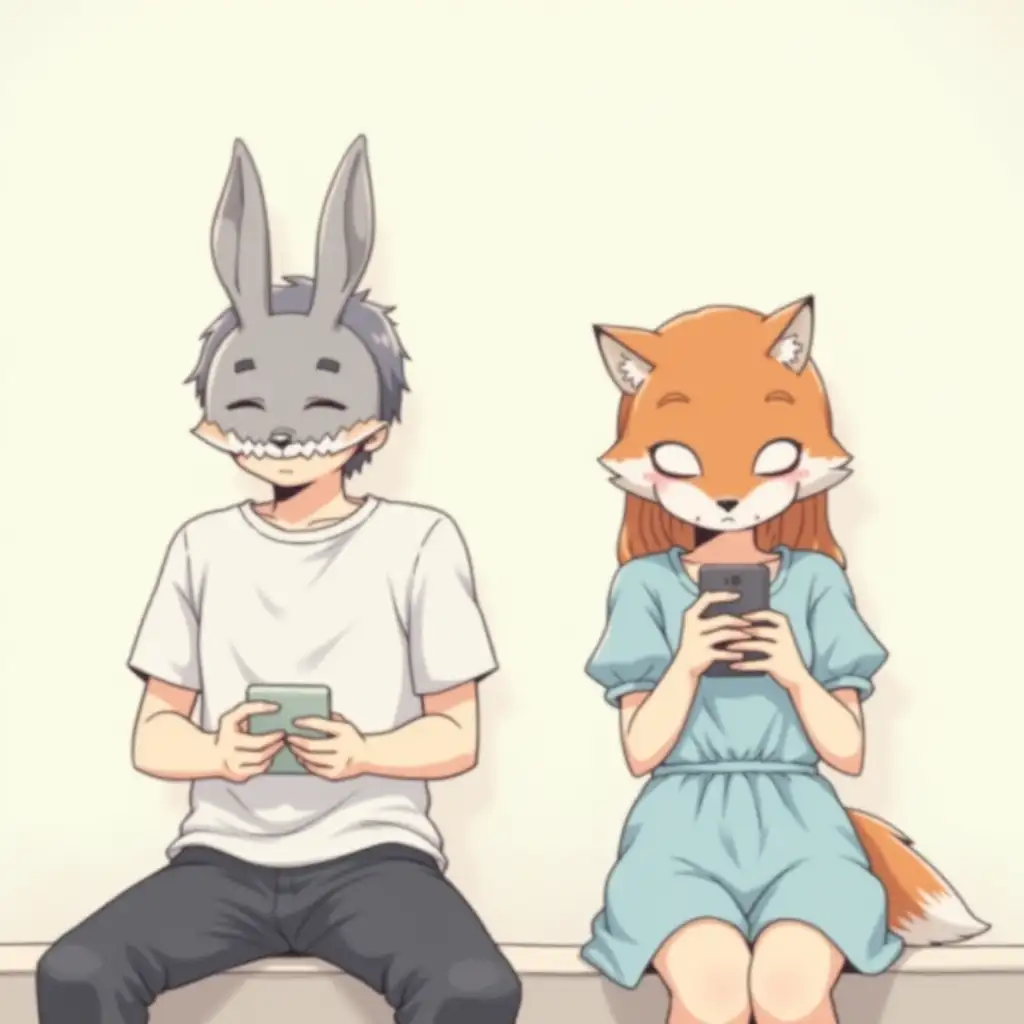 A boy in a white t-shirt is sitting and looking at his phone. He has a mask of a rabbit on his face. A girl in a light blue dress is also sitting and looking at her phone. She has a mask of a fox on her face.  They are sitting far away from each other. Anime style.